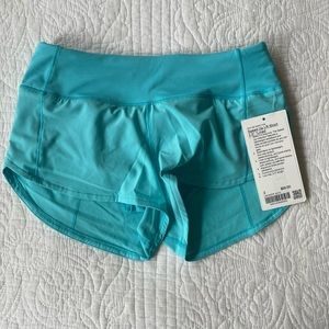 NWT, Lululemon speed up size 2, electric turquoise, 2.5 inch
